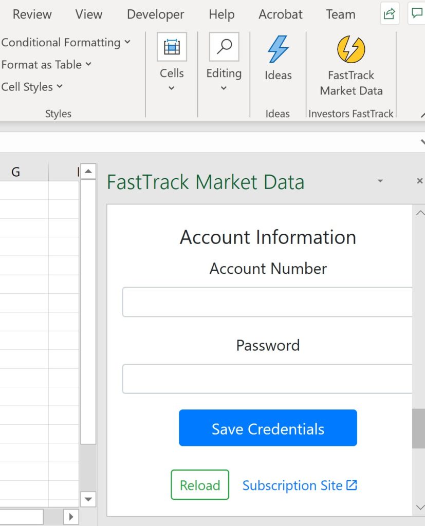 add your account number and password to access mutual fund data in excel